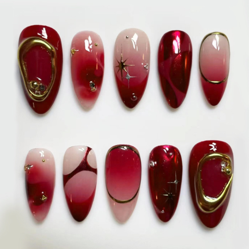 Resin Art Online - เล็บปลอมสีแดงทรงอัลมอนด์ 24 ชิ้น ลายเฟรนช์เรียบง่าย ติดง่าย แบบถอดได้