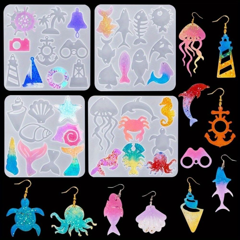 Silicone Mold Ocean - ชุดแม่พิมพ์ต่างหูและจี้ธีมมหาสมุทรประกอบด้วยสี่แบบ: หางปลา, ใบเรือประภาคาร, สัตว์ทะเล และปลาทะเล เครื่องประดับเรซินทำมือเหมาะสำหรับเครื่องประดับธีมทะเล,