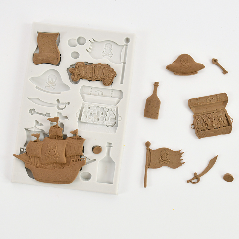Silicone Mold Ocean - แม่พิมพ์ซิลิโคนรูปเรือโจรสลัดหัวกะโหลกสำหรับทำช็อคโกแลตแม่พิมพ์ฟองดองสำหรับทำเค้กวันเกิดเครื่องมือทำขนมอบบิสกิตแม่พิมพ์สำหรับแต่ง
