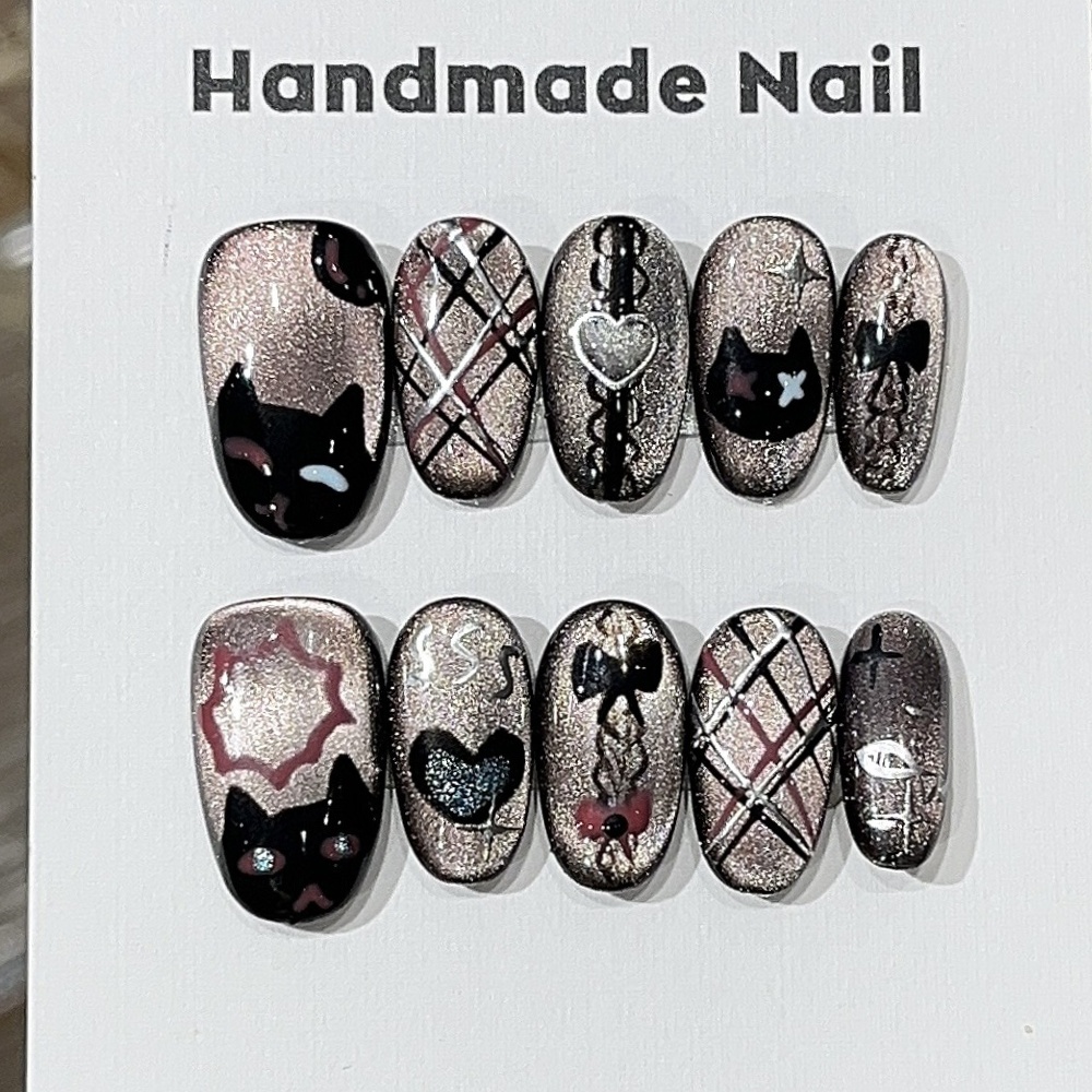 Resin Art Online - 10pcs Black Cat's Eye Handmade เล็บเคล็ดลับเส้นแมวออกแบบรูปแบบสั้นรูปไข่กดบนเล็บ