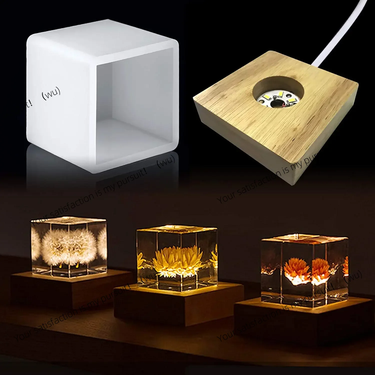 Resin Art Stand - แม่พิมพ์เรซิ่นทรงสี่เหลี่ยม, แม่พิมพ์ซิลิโคนสำหรับเรซิ่นแบบมีไฟ, แม่พิมพ์ซิลิโคนเรซิ่นพร้อมฐานไม้ตั้งไฟสำหรับงานศิลปะเรซิ่น