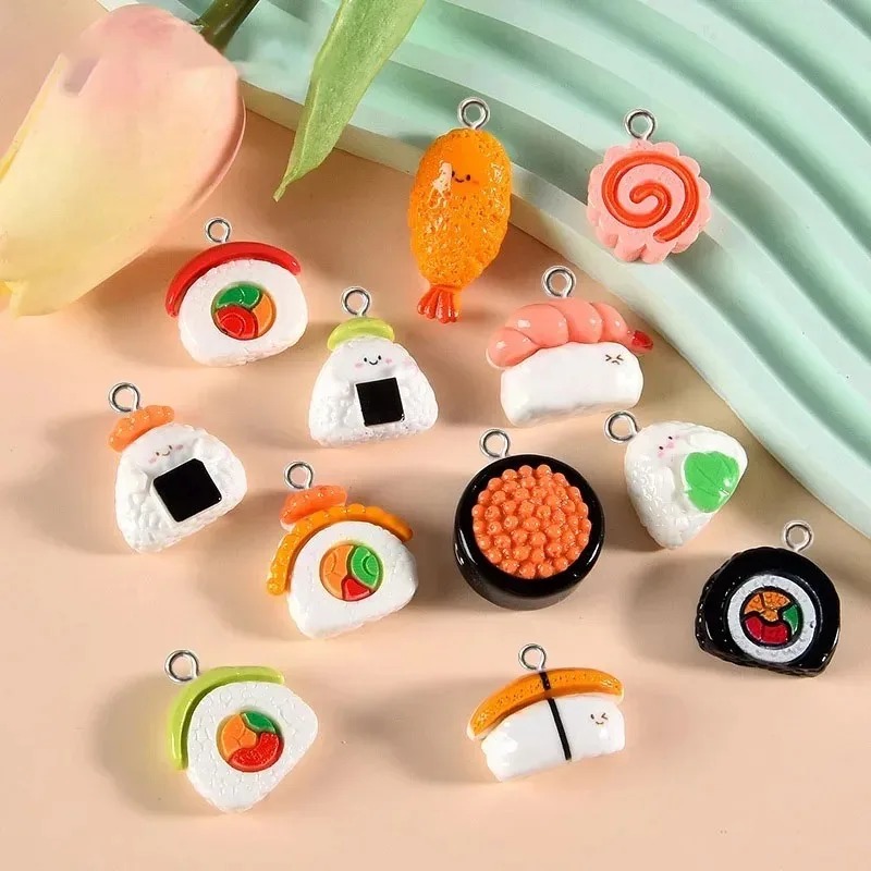 Resin Art Earrings - 10 ชิ้น จี้เรซินรูปอาหารขนาดเล็ก แบบซูชิเงางาม สำหรับตกแต่งเครื่องประดับ DIY