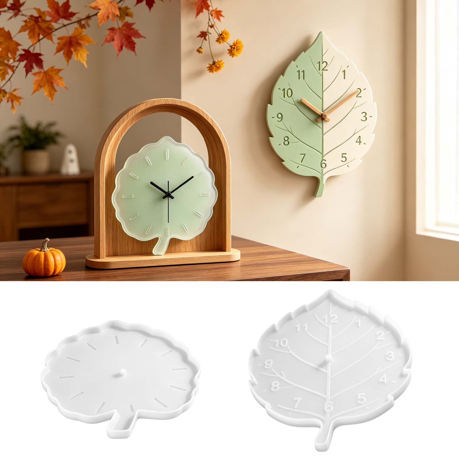 Resin Art Wall Clock - แม่พิมพ์ซิลิโคนรูปใบไม้สำหรับหล่อเรซินอีพ็อกซี่ ใช้ทำนาฬิกาแขวนผนัง DIY ของตกแต่งบ้านช่วงฤดูใบไม้ร่วง และของขวัญทำมือสำหรับวันขอบคุณพระเจ้า