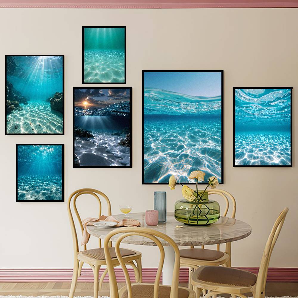 Resin Art Underwater - โปสเตอร์ทิวทัศน์ใต้ทะเลสุดเท่, แสงอาทิตย์สีฟ้าอมเขียวใสส่องผ่านน้ำ ศิลปะทวีปใต้ทะเลเขตร้อน
