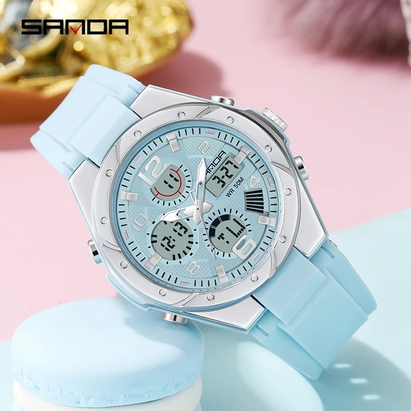 Resin Art Underwater - นาฬิกาข้อมือ SANDA สีชมพูสำหรับผู้หญิง ระบบอนาล็อก-ดิจิตอล นาฬิกาข้อมือยูนิเซ็กส์ รุ่น