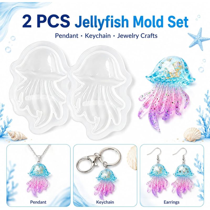 Silicone Mold Ocean - ชุดแม่พิมพ์เรซิ่นรูปแมงกะพรุน 2 ชิ้น，แม่พิมพ์จี้ซิลิโคนรูปมหาสมุทร，เหมาะสำหรับพวงกุญแจเรซิ่นอีพ็อกซี่，จี้，เครื่องประดับและงาน DIY ทำมือ，แบบกึ่งสำเร็จรูป