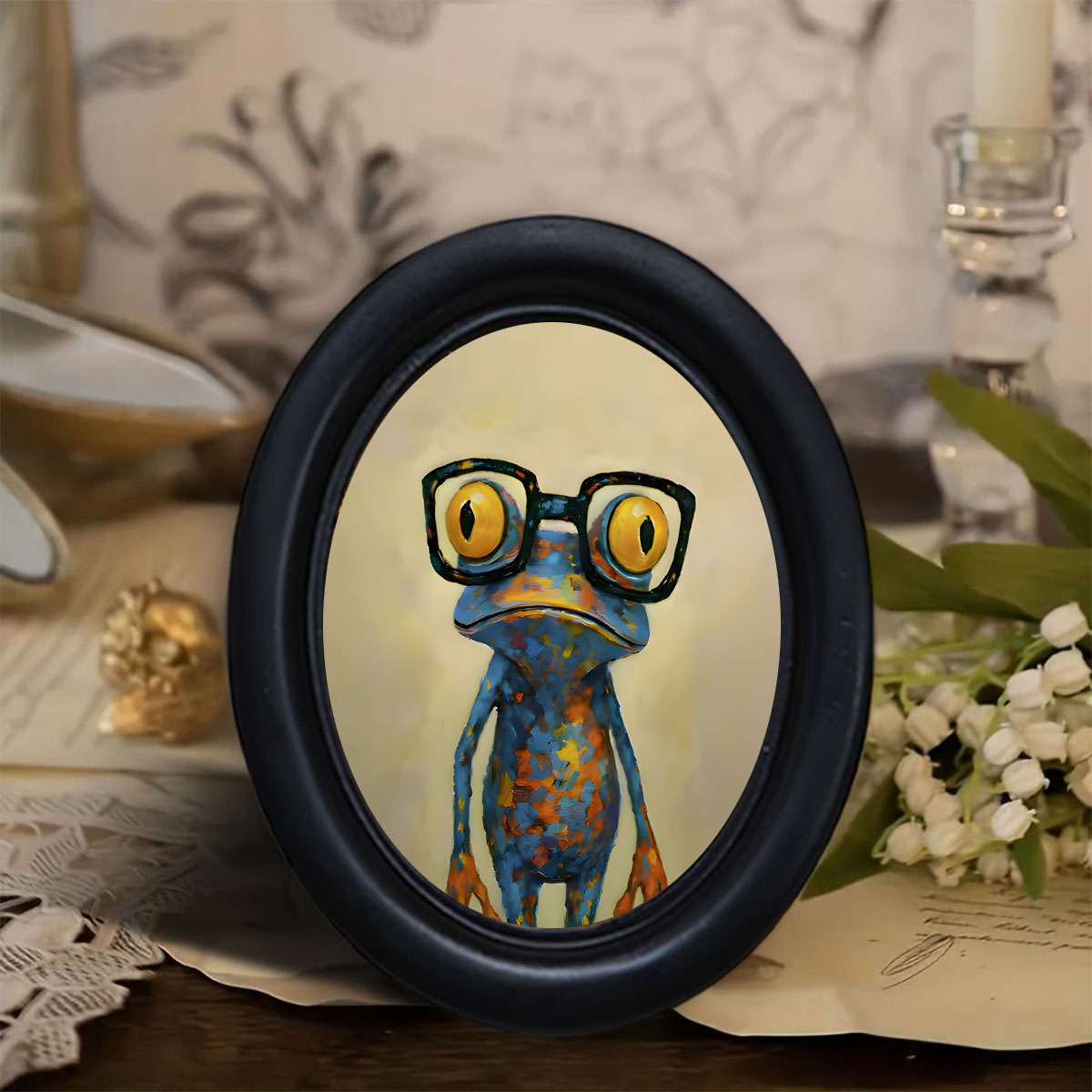 Resin Art Frame - ของตกแต่งผนังลายกบสุดอินเทรนด์ 1 ชิ้น, ของตกแต่งกรอบรูปวงรีสีดำ, ภาพวาดลายกบหลากสีสัน, ศิลปะติดผนังรูปสัตว์แสนสนุก,